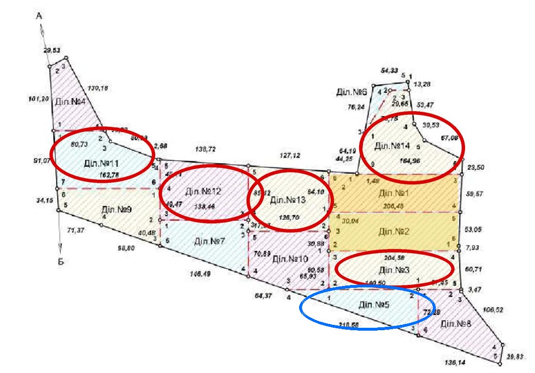 14 块拆分示意图，红圈为原五块，蓝圈为 5 号地
